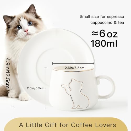 6 oz Ceramic Espresso Cups Set of 2 with Saucers, Cat Coffee Cups with Gold Rim and Gift Box for Cappuccino and Coffee, White - Image 5