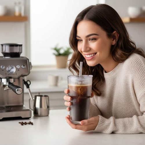 Ribbed Glass Tumbler with Lids and Straws, Vintage Clear Glass cups, Large capacity, Unbreakable, Fluted Design, Ideal for Travel, Iced Coffee,Smoothie, Tea, Latte, Gift (4pc 20oz) - Image 2
