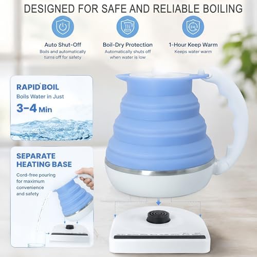 Portable Coffee Maker Pour Over, Travel Coffee Maker Set + Travel Electric Kettle With Temp Control, Collapsible Portable Tea Kettle for Traveling, Hotel, Office, BPA-Free Silicone, 110V, Blue - Image 5