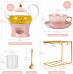 DUJUST 21 pcs Small Tea Set of 6, Pink Marble Set, Handcraft Golden Trim, Porcelain Tea Pot Set for Kids&Adults, 1 Glass Teapot(22oz), 6 Cups(4oz), 6 Saucers, 6 Spoons, 1 Shelf&1 Warmer - Image 5