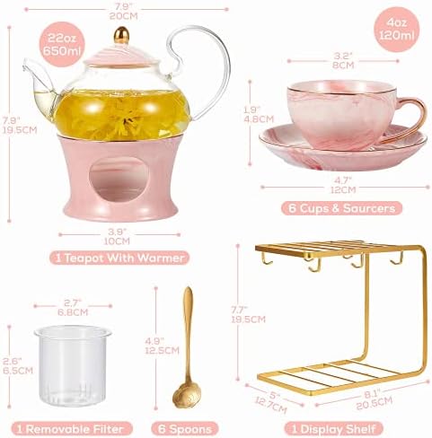 DUJUST 21 pcs Small Tea Set of 6, Pink Marble Set, Handcraft Golden Trim, Porcelain Tea Pot Set for Kids&Adults, 1 Glass Teapot(22oz), 6 Cups(4oz), 6 Saucers, 6 Spoons, 1 Shelf&1 Warmer - Image 5