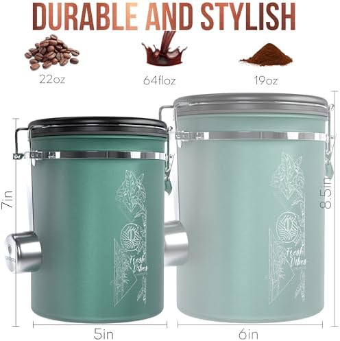 38oz / 22oz Coffee Canister – Airtight Stainless Steel Storage Container with Date Tracker & Scoop, Sealed Jar for Grounds, Beans, Tea, Flour, Cereal, and Sugar (Green Vibes, 22OZ) - Image 2