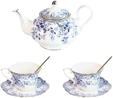 Vintage Floral Porcelain Bone China Tea Set - 1 Teapot, 2 Cups & Saucers with Gold Trim, Includes 2 Spoon, 22oz Floral Ceramic Teapot (Suitable for 1 to 3 people) (China Flower) by Unknown