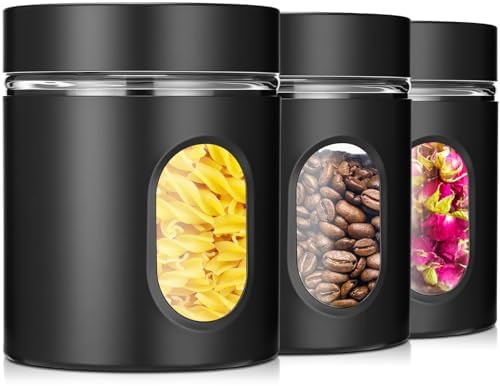 Mimorou 3 Pcs Stainless Steel Canister Set with Glass Windows Visible Storage Jars Silver Kitchen Canister Set for Pasta Flour Oat Sugar Container, Kitchen Tools, Housewarming Gifts (Black,20 oz) by Mimorou