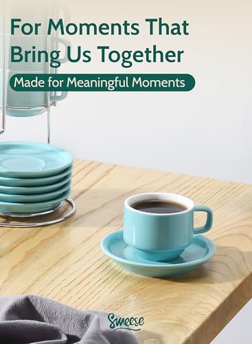 Sweese 4 Ounce Porcelain Stackable Espresso Cups with Saucers and Metal Stand Set of 4, Turquoise - Image 6