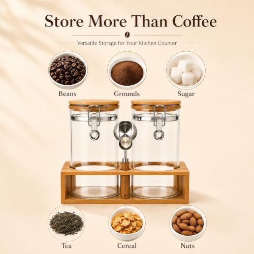 2 x 45 oz Coffee Canister Set, Airtight Glass Containers with Wooden Shelf - Image 4