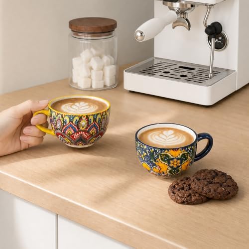 Henten Home 8.5 oz Ceramic Cappuccino Cups, Latte Cup with Saucers Set of 2 - Image 6