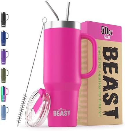 Beast 50 oz Tumbler with Handle Stainless Steel Vacuum Insulated Coffee Ice Cup Double Wall Travel Flask (Cupcake Pink) by GreensSteel