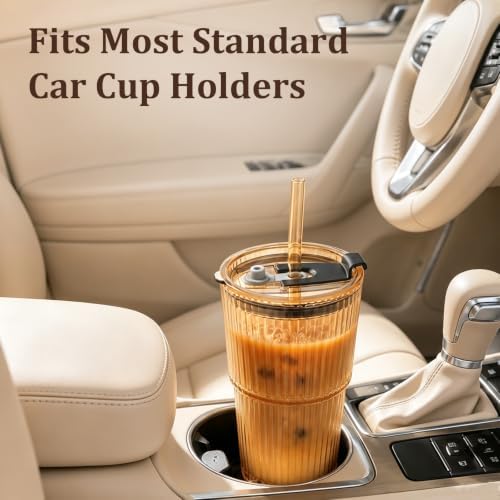 20oz Iced Coffee Cup, Ribbed Glass Tumbler with Straw and Lid - Image 5