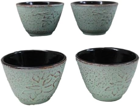 Ebros Gift Pack Of 4 Japanese Traditional Tetsubin Style Textured Surface Cast Iron Tea Cups Teacups Drinkware Tea Service Far East Decorative Accent (Seafoam Green Floral Petals) - Image 4