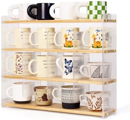 Mug Shelf 4-Tier Walnut Coffee Cup Displays,Kitchen Spice Storage by KAOTGOT