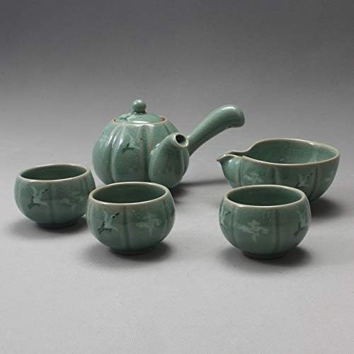 Korean Style Celadon Porcelain Pumpkin Bird Cloud Design Tea Ceremony Complete Service Gift Set Ceramic Pottery 11.8 oz (350ml) Side Handle Tea Pot Cups Teapot Pitcher Bowl for Cooling Hot Water - Image 3