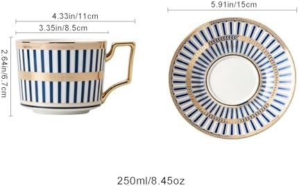 8.45oz European Ceramic Coffee Cup & Saucer Set of 2 with Handle & Gold Spoons, Stripe with Gold Accents, for Latte, Tea, Cappuccino, Gift Boxed for Tea Party, Housewarming Gift (two blue) - Image 2