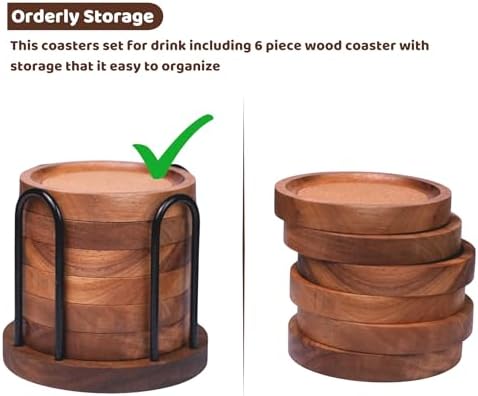 Wood Coasters for Drinks with Metal Holder, Wooden Coaster with Cork for Tabletop Protection, Drink Coasters for Coffee Table, Desk, 4.33 Inch, Set of 6 (Medium Size) - Image 5
