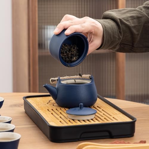 14-Piece Portable Ceramic Travel Tea Set - Chinese Kung Fu Tea Kit with Bamboo Tray & Leather Carry Bag (Blue) for Home/Office/Camping/Gifting - Image 4