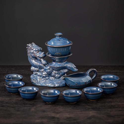 Ceramic Teapot with Infuser Semi Automatic Tea Set Magic Teapot with 8 cups Gradient Color (Blue Dragon- B) by zurucily