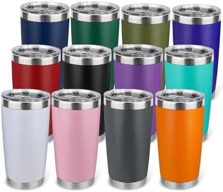 20oz Stainless Steel Tumbler Bulk with Lid, Travel Mug - Double Wall Vacuum Powder Coated Cup - Mix, 12 Pack by Unknown