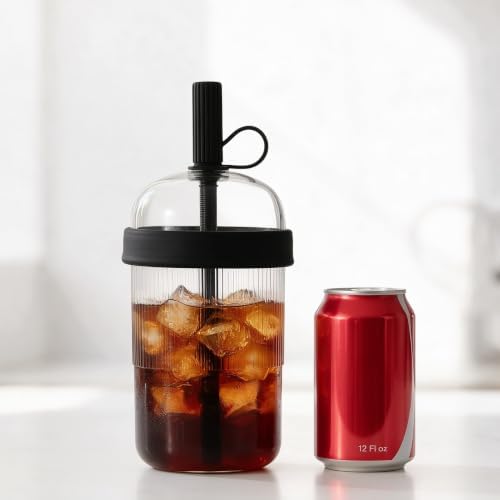 Reusable Clear Tritan Tumbler with Straw & Lid, 18oz Ribbed Portable Travel Cup, Iced Coffee Boba Cup for Office & Car, Multiple Colors (Black) - Image 3