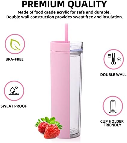 Volhoply 20oz Tumbler with Lid and Straw 8 Pack,Double Wall Clear Plastic Skinny Tumblers Bulk,Reusable Travel Cute Coffee Mug,Acrylic Water Cups With Straw Cleaner for Drinks,Party,Gifts(Pink,8 Set - Image 2