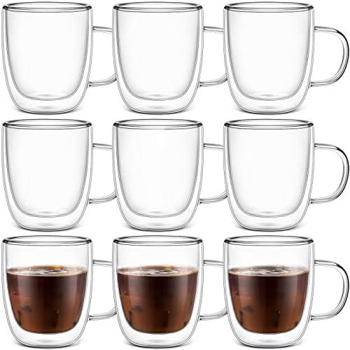 Gerrii Espresso Cups Double Walled Espresso Shot Glass with Handle Cups Insulated Clear Small Shot Glasses for Cappuccino Latte Hot Beverage (12 oz,Flat Bottom,8 Pcs) by Gerrii