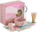 6PCS Pink Ceramic Matcha Bowl With Spout Handmade Flower Whisk Tool Gift Set by Unknown