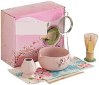 6PCS Pink Ceramic Matcha Bowl With Spout Handmade Flower Whisk Tool Gift Set by Unknown