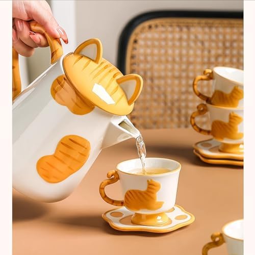 Porcelain Tea Set(1 Pot 4 Cups), Afternoon Tea Set, Suitable for Birthdays, Mother's Day, Christmas (Yellow Cat) - Image 4