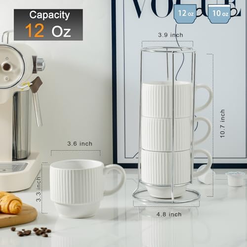 Hasense White Ceramic Coffee Mugs Set With Holder- 12 oz Stackable Coffee Cups Ceramic, Modern Ribbed Latte Cup Sets for Cappuccino, Tea, Espresso, Hot Cocoa, Drinks - Dishwasher & Microwave Safe - Image 3