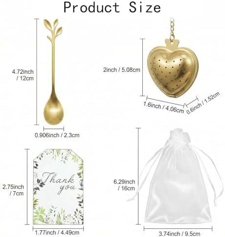 30 Sets Bridal Shower Tea Party Favor Include Organza Bag Thank You Card Heart Shape Infuser Ball Leaf Tea Spoon for Guest Wedding Souvenir Gift(Gold) - Image 2