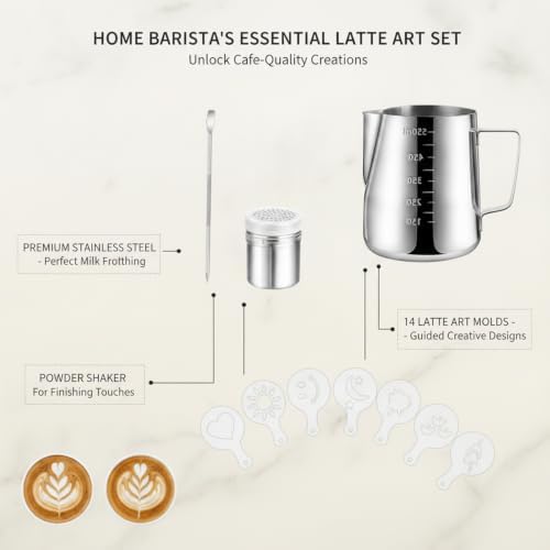 Milk Frothing Pitcher Set with Latte Art Molds, Needle, and Powder Shaker for Home Espresso - Image 4