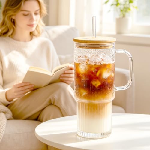 32 oz Glass Water Tumbler with Handle, Glass Cups with Bamboo Lid & Straw - Image 5