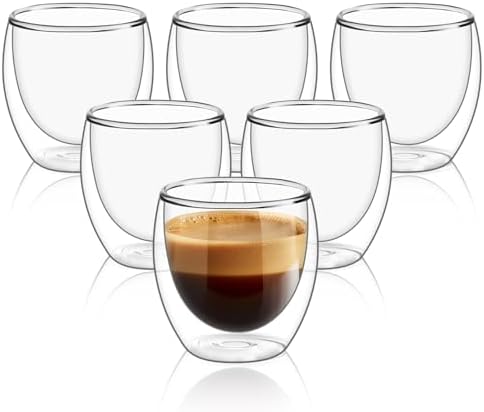 ComSaf 8oz Glass Coffee Mugs Set of 6, Double Walled Insulated Thermal Mugs for Latte Cappuccino Cocoa Milk Cafe Juice Tea, Clear Espresso Cups Set Glassware Gift for Christmas Birthday by ComSaf