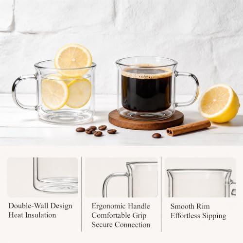 Double Walled Glass Coffee Mugs, 8.5oz Insulated Coffee Cups with Handle, Clear Espresso Mugs, Set of 4 - Image 3