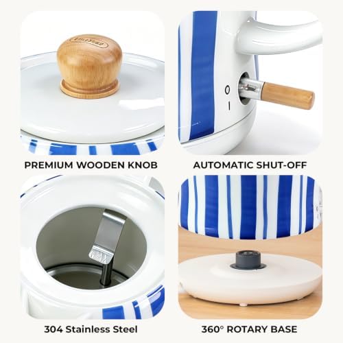Hand-Painted Blue Striped Ceramic Electric Kettle 1.0L - 1000W Fast Boil with Wooden Lid, Auto Shut-Off & Boil-Dry Protection for Coffee and Tea - Image 7