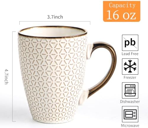 Ceramic Coffee Mug Set - 16 Oz Large Coffee Mugs - Embossed Stoneware Cup - Image 2