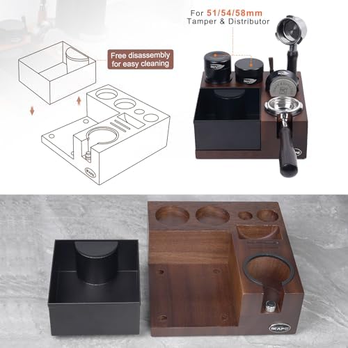 IKAPE V5 Espresso Knock Box, Espresso Coffee Organizer Box Fit for Storage 51, 54, 58MM Espresso Tamper, Distributor, Portafilter & Puck Screen Accessories, Natural Walnut Station Base(9 IN One) - Image 4