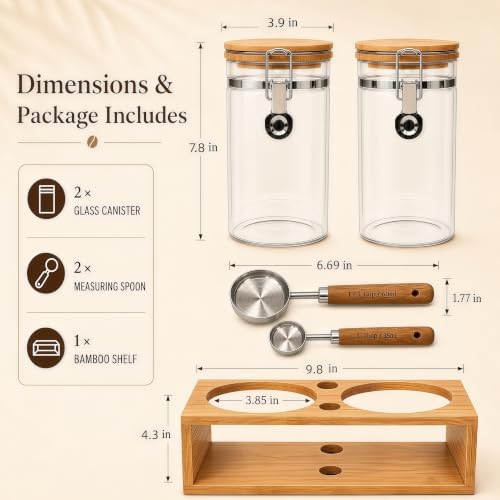 2 x 45 oz Coffee Canister Set, Airtight Glass Containers with Wooden Shelf - Image 2