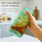 20 oz Ribbed Glass Tumbler with Lid and Straw, Green Glass Iced Coffee Cups, Spill-proof Glasses Tumbler, Drinking Glasses Set of 4, Vintage Glassware for Cocktail, Juice, Smoothies - Image 3