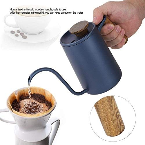 Fdit Gooseneck Coffee Kettle, Precision Pour Stovetop Drip Pot for Pour Over Tea 304 Stainless Steel Blue Wooden Handle Thermometer Lid Vent 600ml 1 Pack - Image 5