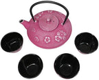Ebros Gift Oriental Tetsubin Traditional Cast Iron Tea Pot With 4 Cups And Strainer Set 27oz Enameled Interior Home Decor Asian Living Gift And Housewarming (Magenta Ume Plum Floral Blossoms) - Image 2