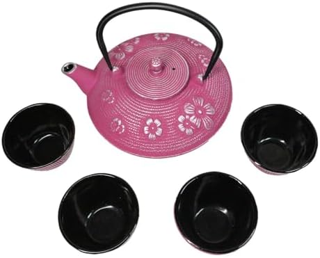 Ebros Gift Oriental Tetsubin Traditional Cast Iron Tea Pot With 4 Cups And Strainer Set 27oz Enameled Interior Home Decor Asian Living Gift And Housewarming (Magenta Ume Plum Floral Blossoms) - Image 2