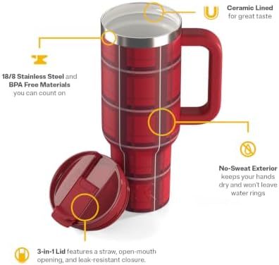 RTIC 40oz Road Trip Tumbler, Insulated, Ceramic Lined, Red Plaid - Image 2