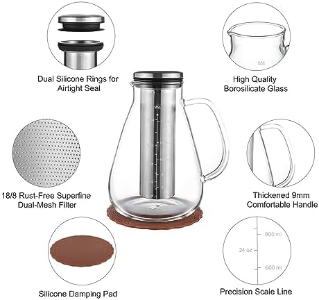 YMMIND Cold Brew Iced Coffee Maker 51oz, Brewed Coffee Pot with Removable Double Mesh 304 Stainless Steel Filter, BPA-Free Cold Brew Pitcher Glass Container, Tea Maker - Image 6