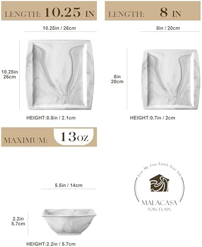 MALACASA Plates and Bowls Sets, 12-Piece Porcelain Dinnerware Sets for 4, Square Plates and Bowls for Dessert, Salad and Soup, Ceramic Dishes Dining Dishware Set, Marble Grey, Series Blance - Image 2