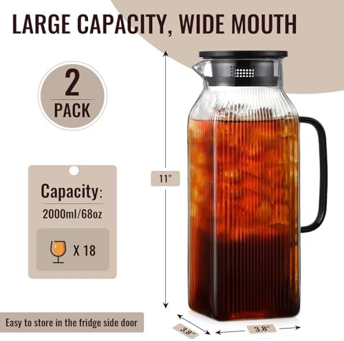 2 Pack 2 Liter/68 oz Square Glass Pitcher with Lid, Classic Stripes Water Pitchers with Handle for Fridge, Large Jug for Iced Tea, Coffee, Borosilicate Glass Carafe for Hot/Cold Brew Drink, Black - Image 2