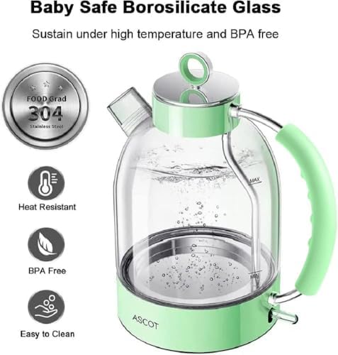 ASCOT Electric Kettle, Glass Electric Tea Kettle Gifts for Men/Women/Family 1.5L 1500W Borosilicate Glass Tea Heater, with Auto Shut-Off and Boil-Dry Protection (Green) - Image 3