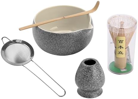 Matcha Set with Ceramic Bowl & Bamboo Whisk, 5-Pcs Kit Includes Scoop, Sifter& Holder(Chasen), Mottled Black by Unknown
