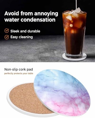 Coaster for Drinks 4 Pack,Natural Marble Agate Stone Texture Absorbent Round Ceramic Stone with Cork Base,Pink Blue Gradient Drink Coaster Cup Mats for Home Dining Coffee Tables - Image 6