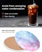 Coaster for Drinks 4 Pack,Natural Marble Agate Stone Texture Absorbent Round Ceramic Stone with Cork Base,Pink Blue Gradient Drink Coaster Cup Mats for Home Dining Coffee Tables - Image 6