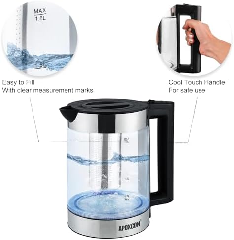 APOXCON Electric Kettle for Boiling Water 1.8L Tea Kettle with Removable Infuser, Borosilicate Glass Water Boiler with LED Light, Automatic Shut Off, Boil-Dry Protection, Cordless Serving & BPA Free - Image 3